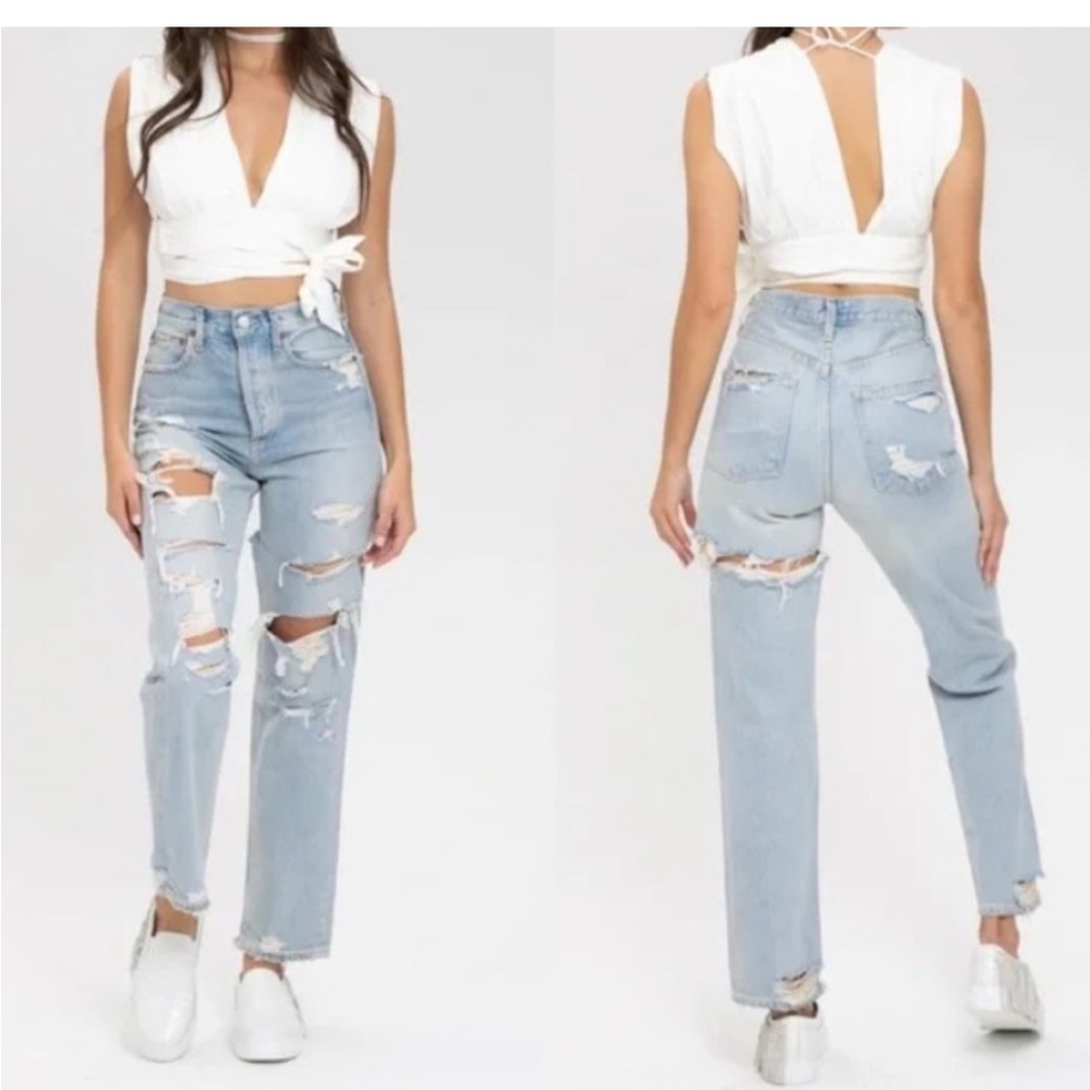 Agolde Blue Straight Leg Jeans with Vintage Distressing